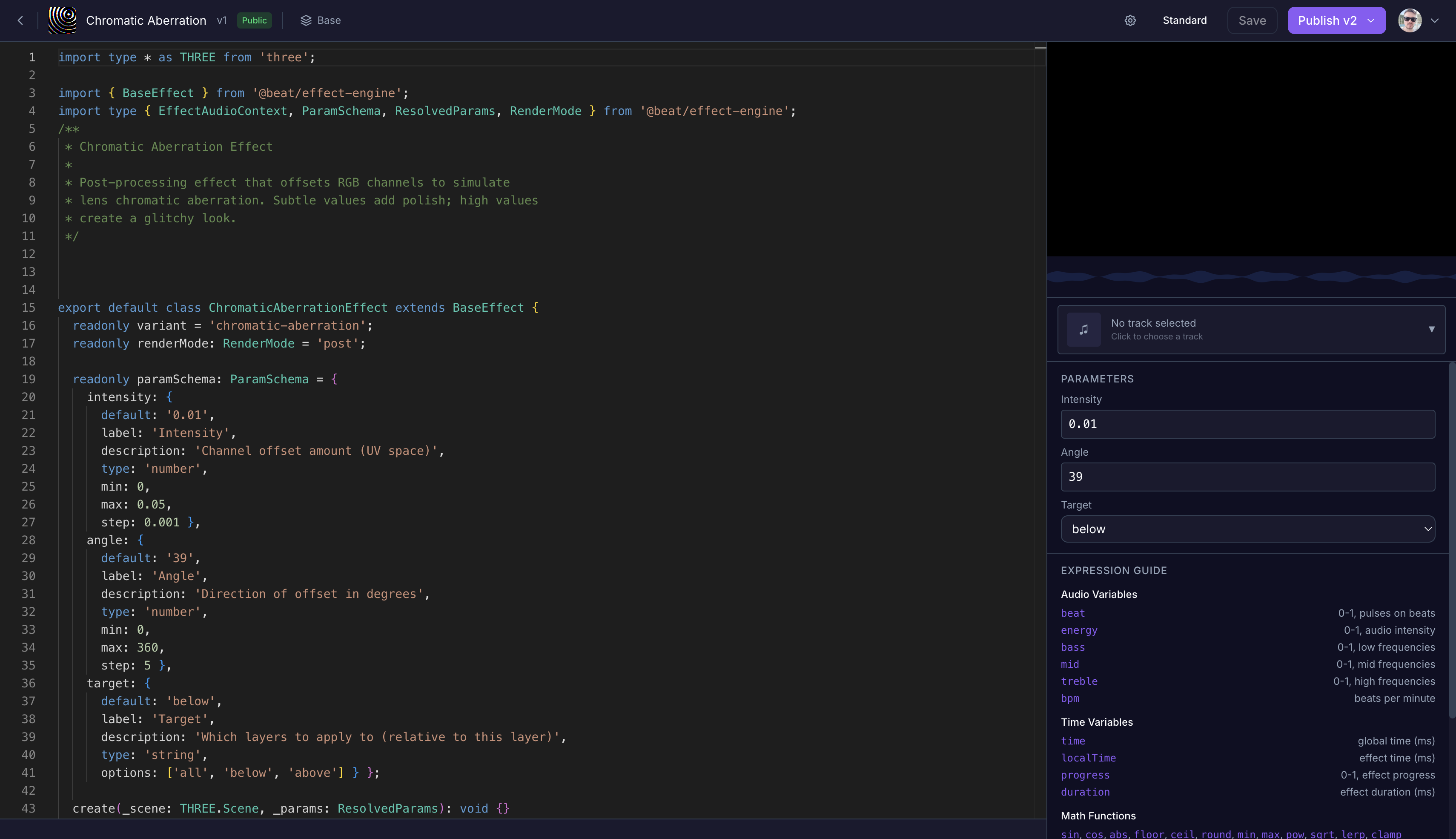 BeatCoder editor with live preview, code editing, and audio-reactive parameters